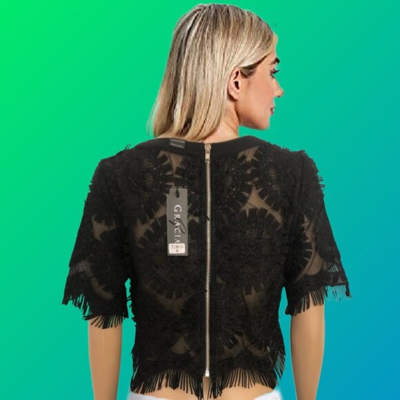 GRACIA Fringed Lace Rosettes Short Sleeves Cropped Black Blouse Size S NEW w Tag - Picture 3 of 7